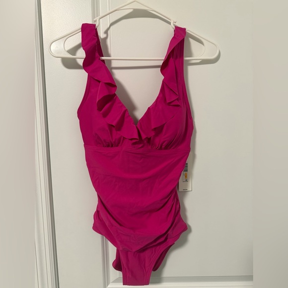 DKNY Womens Ruffle V-Neck One Piece Swimsuit with Tummy Control Size S NWT - Picture 3 of 11
